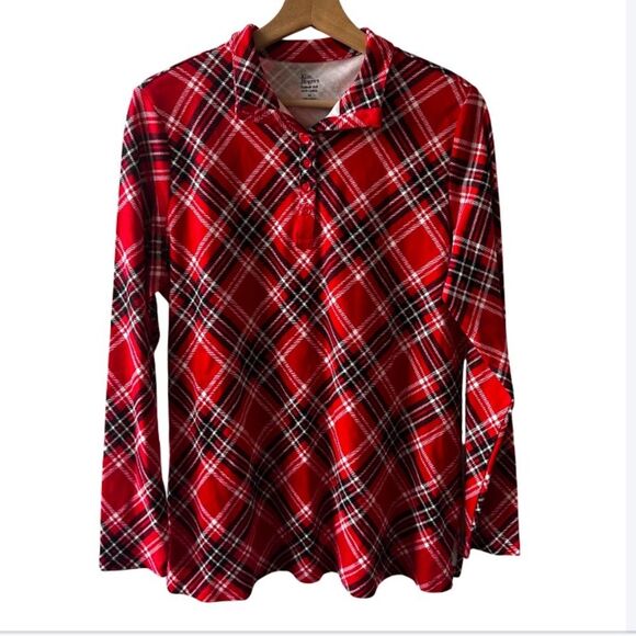 Kim Rogers Tops - NWT Kim Rogers Red Plaid Henley Shirt Size Medium collar black outdoors rustic